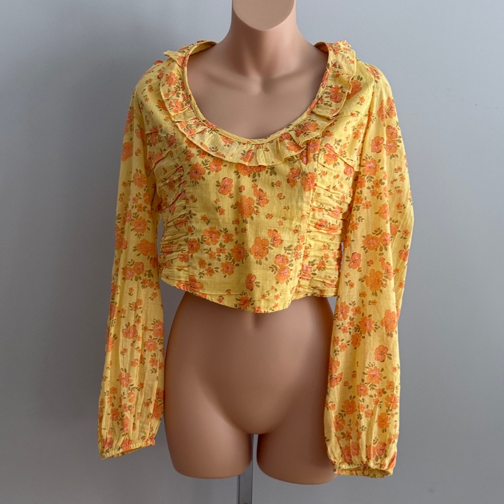 Free People Boho Yellow Floral Ruffle Crop Top Size M